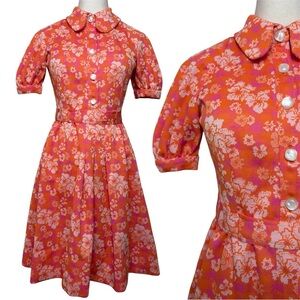Vintage 70’s Orange Pink White Floral Puff Sleeve Collar Mini Dress Small
